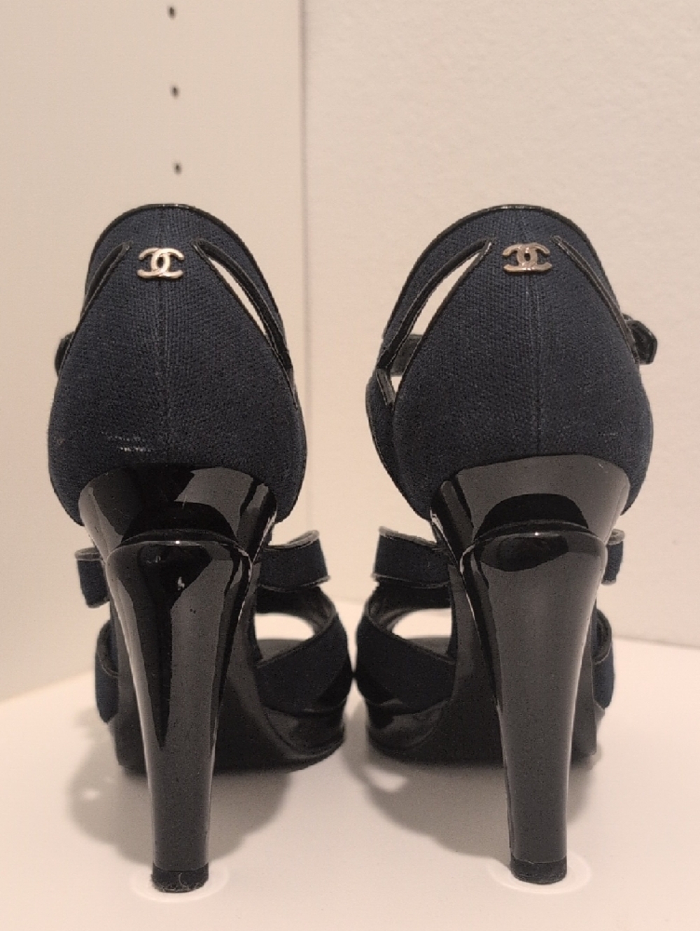 CHANEL Black Patent & Denim Crisscross Peep-Toe Ankle-Strap Heels - Picture 3 of 6
